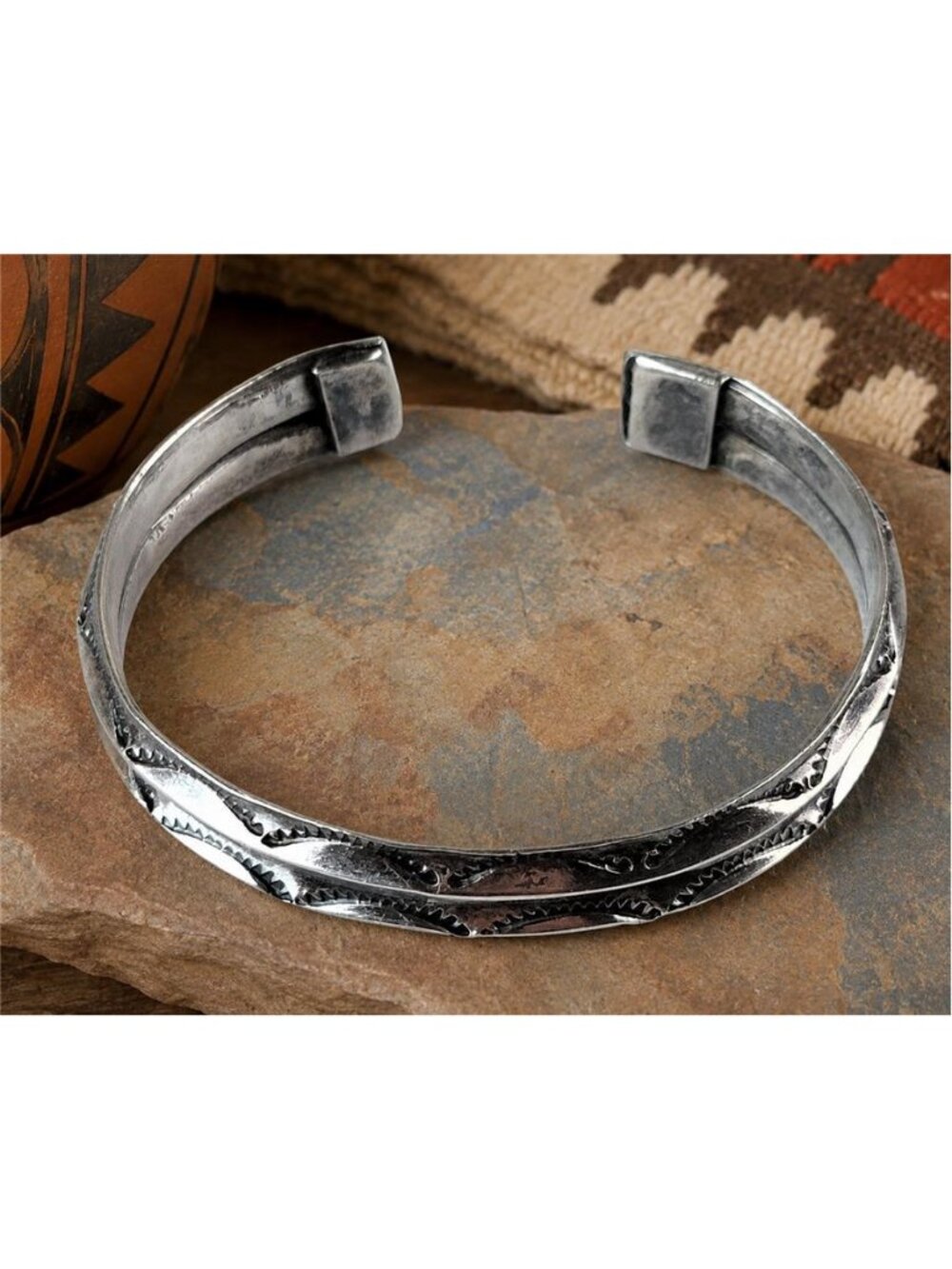 Sterling Silver 925 Southwest Etched Cuff Bracelet 6.5 In Adjustable Vintage